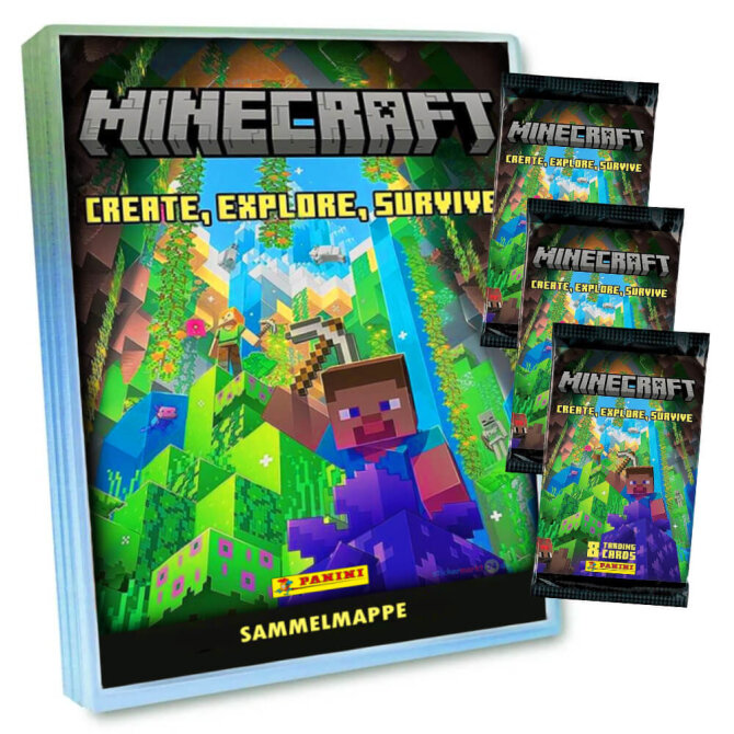 Panini Minecraft 3 Karten - Create Explore Survive Trading Cards (2023) - 1 Mappe + 3 Booster Sammelkarten