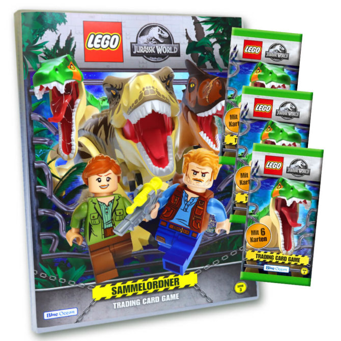 Lego Jurassic World 3 Karten - Sammelkarten Trading Cards (2023) - 1 Mappe + 3 Booster Sammelkarten
