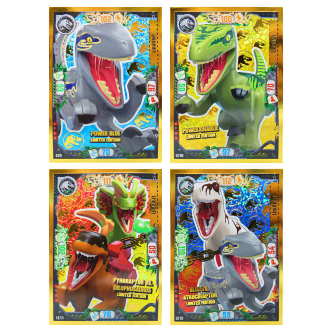 Lego Jurassic World 3 Karten - Sammelkarten Trading Cards (2023) - LE9 + LE10 + LE11 + LE12 Gold Sammelkarten