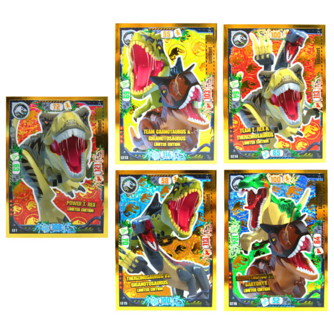 Lego Jurassic World 3 Karten - Sammelkarten Trading Cards (2023) - LE13 + LE14 + LE15 + LE16 + LE1 Gold Sammelkarten