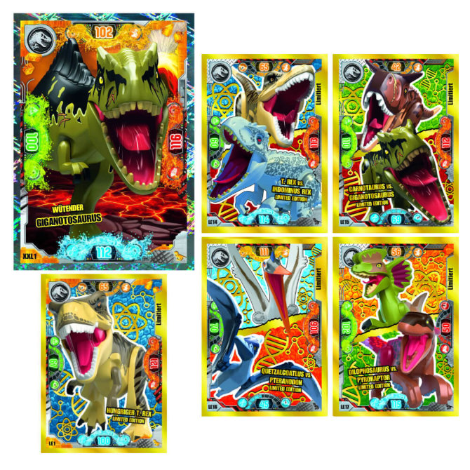 Lego Jurassic World 2 Karten - Sammelkarten Trading Cards (2022) - XXL1 + LE1 + LE14 + LE15 + LE16 + LE17 Gold Karten