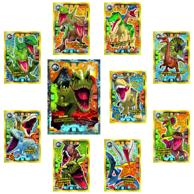 Lego Jurassic World 2 Karten - Sammelkarten Trading Cards (2022) - XXL1 + LE1 + LE10 + LE11 + LE12 + LE13 + LE14 + LE15 + LE16 + LE17 Gold Karten