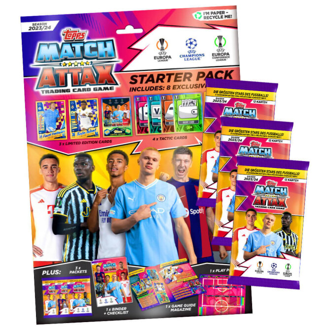 Topps Match Attax Karten Champions League 2023-2024 - 1 Starter + 3 Booster Sammelkarten