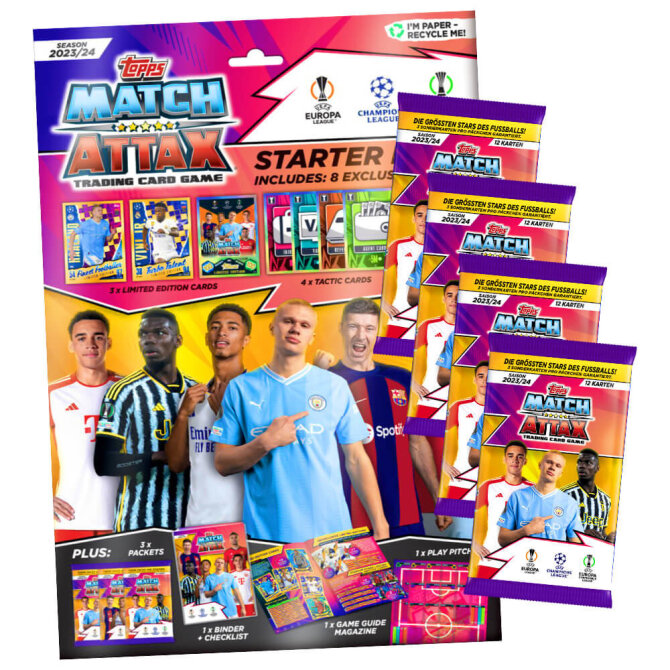 Topps Match Attax Karten Champions League 2023-2024 - 1 Starter + 4 Booster Sammelkarten