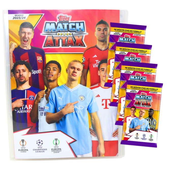 Topps Match Attax Karten Champions League 2023-2024 - 1 Mappe + 4 Booster Sammelkarten