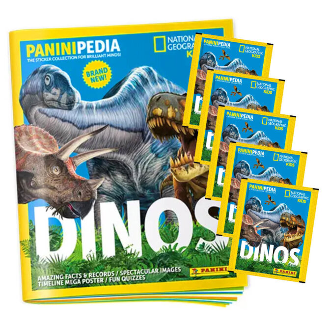 PaniniPedia Dinos Sticker - Dinosaurier Sammelsticker (2023) - 1 Album + 5 Tüten