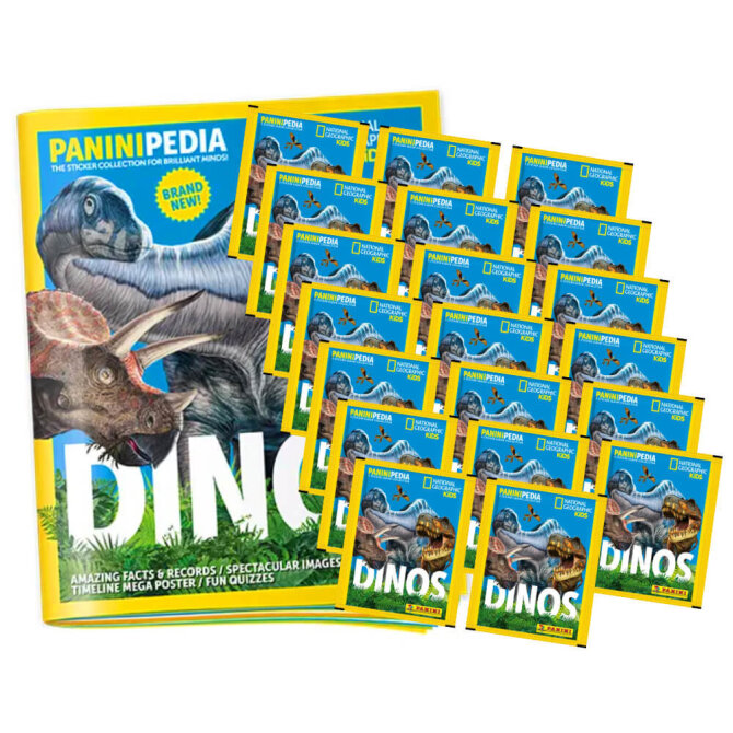 PaniniPedia Dinos Sticker - Dinosaurier Sammelsticker (2023) - 1 Album + 20 Tüten