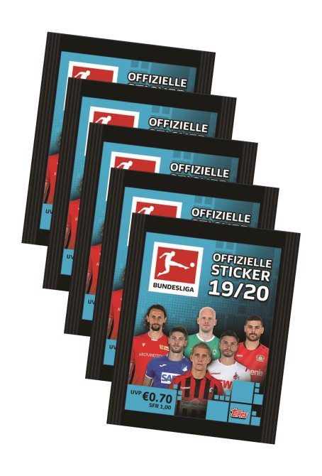 Topps Bundesliga Sticker 2019 / 2020 - 5 T&uuml;ten ( 25 Sammelsticker )
