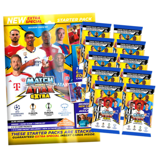 Topps Match Attax Karten Champions League Extra 2023-2024 - 1 Starter + 10 Booster Sammelkarten
