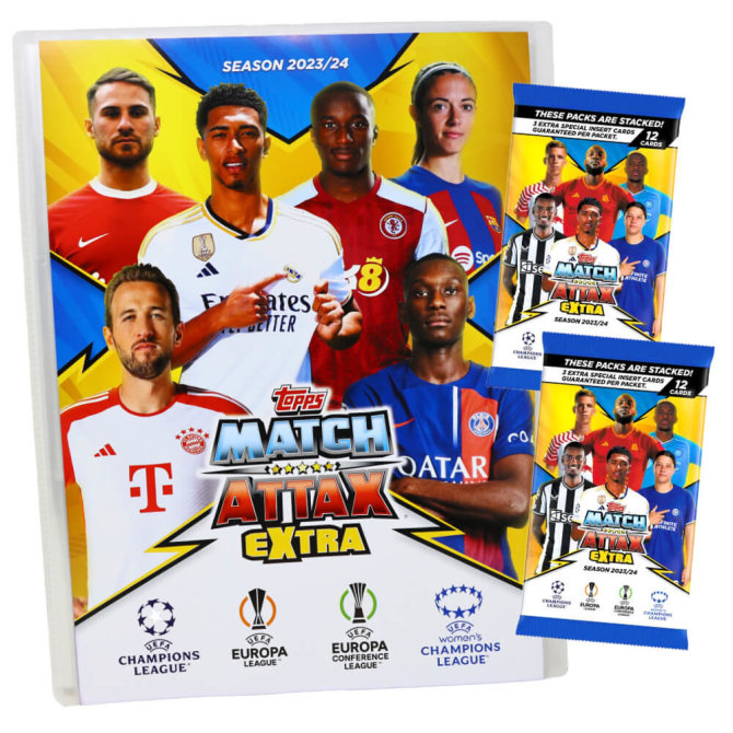 Topps Match Attax Karten Champions League Extra 2023-2024 - 1 Mappe + 2 Booster Sammelkarten