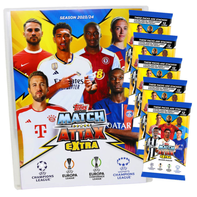 Topps Match Attax Karten Champions League Extra 2023-2024 - 1 Mappe + 5 Booster Sammelkarten