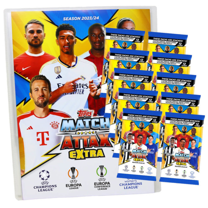 Topps Match Attax Karten Champions League Extra 2023-2024 - 1 Mappe + 10 Booster Sammelkarten