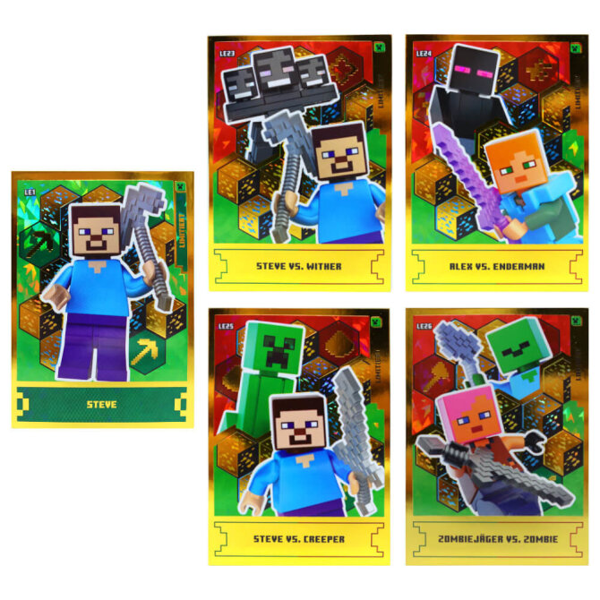 Lego Minecraft Karten Serie 1 - Sammelkarten Trading Cards (2024) - LE23 + LE24 + LE25 + LE26 + LE1 Gold Karten