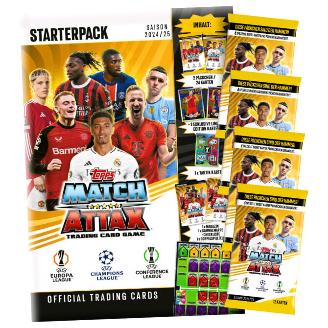 Topps Match Attax Karten Champions League 2024-2025 - 1 Starter + 4 Booster Sammelkarten