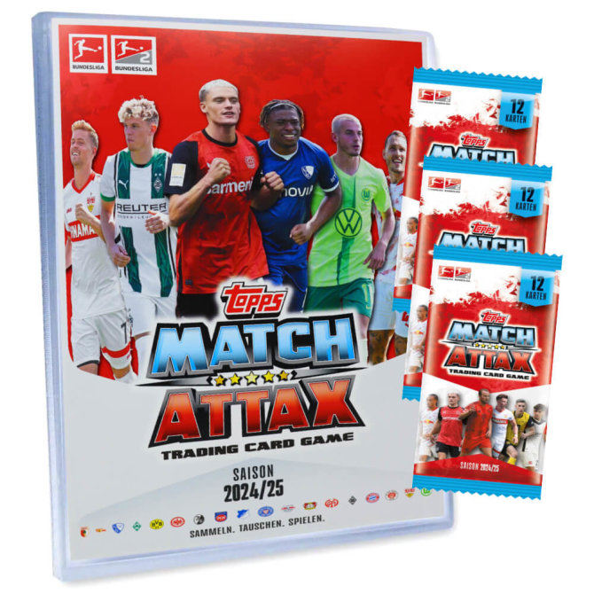 Topps Match Attax Bundesliga Karten - Saison 2025 - Sammelkarten - 1 Mappe + 3 Booster