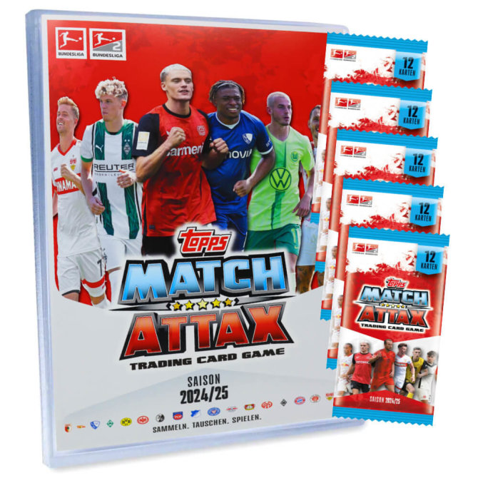 Topps Match Attax Bundesliga Karten - Saison 2025 - Sammelkarten - 1 Mappe + 5 Booster