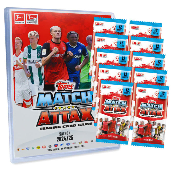 Topps Match Attax Bundesliga Karten - Saison 2025 - Sammelkarten - 1 Mappe + 10 Booster