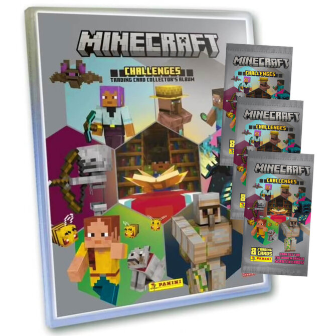 Panini Minecraft 4 Karten - Sammelkarten Challenges Trading Cards (2025) - 1 Mappe + 3 Booster