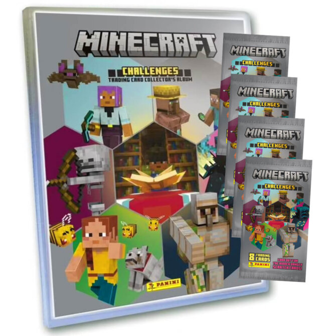 Panini Minecraft 4 Karten - Sammelkarten Challenges Trading Cards (2025) - 1 Mappe + 4 Booster
