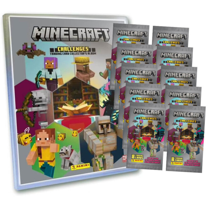 Panini Minecraft 4 Karten - Sammelkarten Challenges Trading Cards (2025) - 1 Mappe + 10 Booster