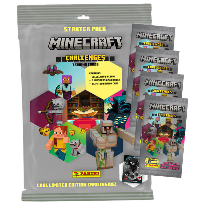 Panini Minecraft 4 Karten - Sammelkarten Challenges Trading Cards (2025) - 1 Starter + 4 Booster