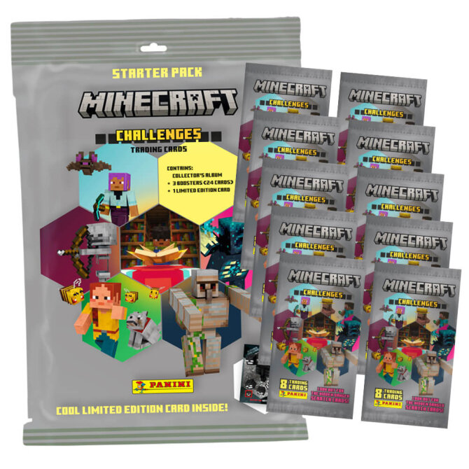 Panini Minecraft 4 Karten - Sammelkarten Challenges Trading Cards (2025) - 1 Starter + 10 Booster