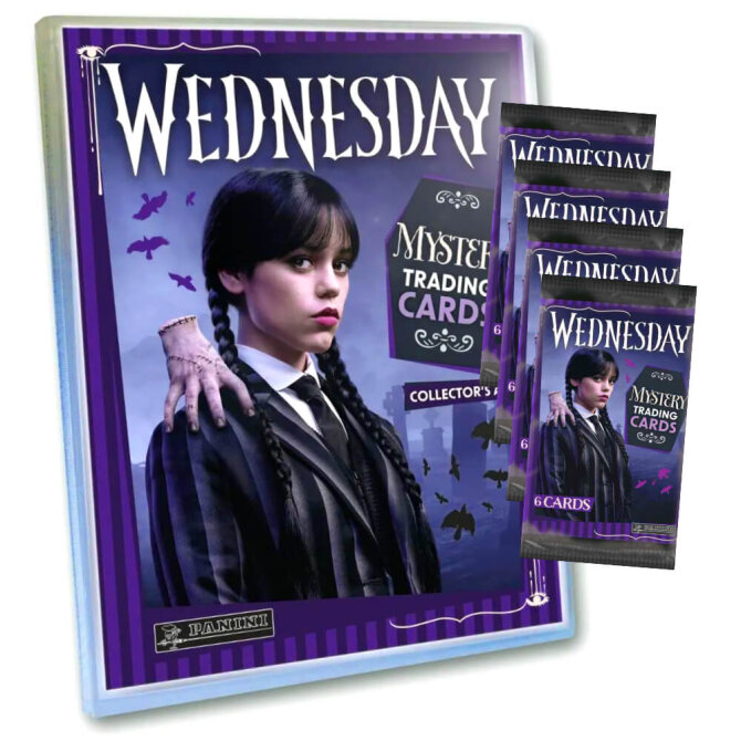 Wednesday Karten - Mystery Trading Cards Sammelkarten - 1 Mappe + 4 Booster