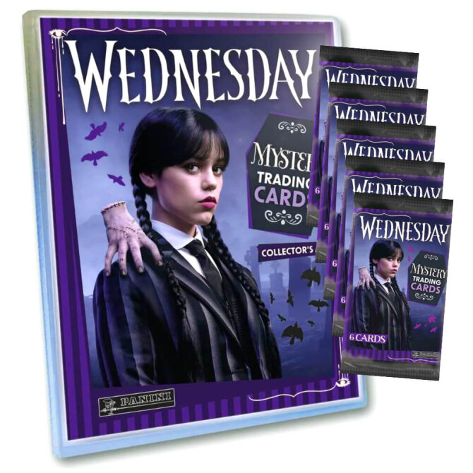 Wednesday Karten - Mystery Trading Cards Sammelkarten - 1 Mappe + 5 Booster