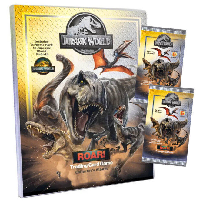 Jurassic World Karten - ROAR! Trading Cards Sammelkarten - 1 Mappe + 2 Booster