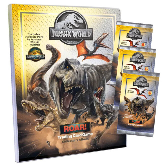 Jurassic World Karten - ROAR! Trading Cards Sammelkarten - 1 Mappe + 3 Booster