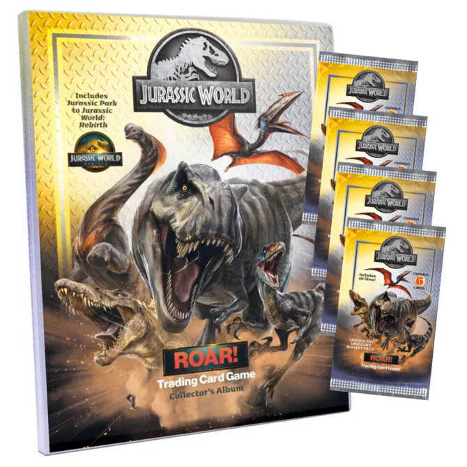 Jurassic World Karten - ROAR! Trading Cards Sammelkarten - 1 Mappe + 4 Booster