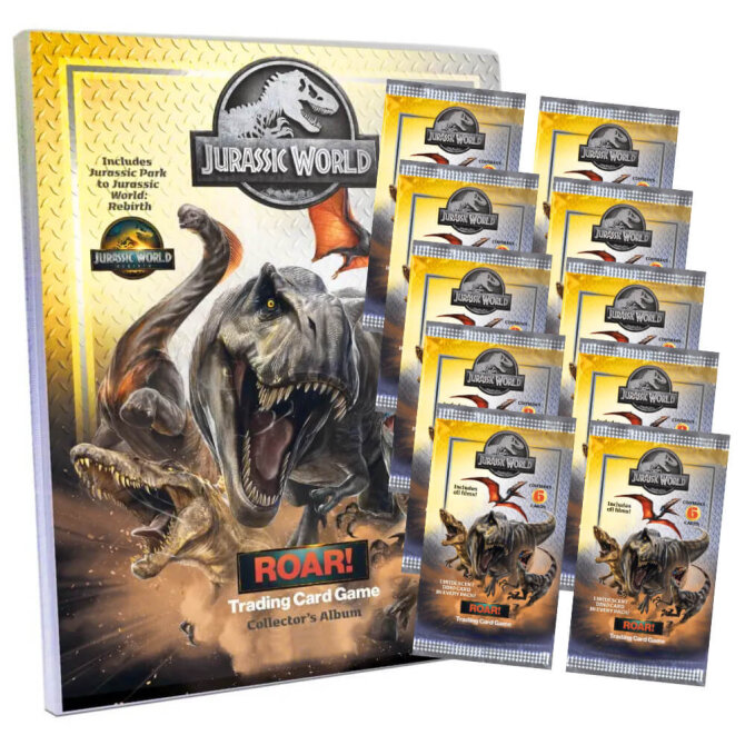 Jurassic World Karten - ROAR! Trading Cards Sammelkarten - 1 Mappe + 10 Booster