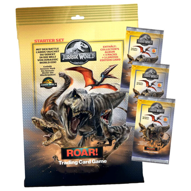 Jurassic World Karten - ROAR! Trading Cards Sammelkarten - 1 Starter + 3 Booster