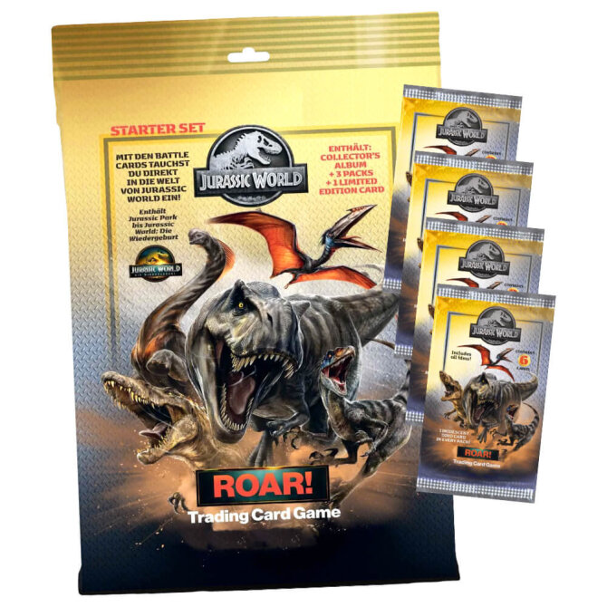 Jurassic World Karten - ROAR! Trading Cards Sammelkarten - 1 Starter + 4 Booster