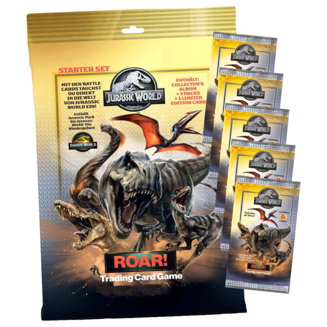 Jurassic World Karten - ROAR! Trading Cards Sammelkarten - 1 Starter + 5 Booster
