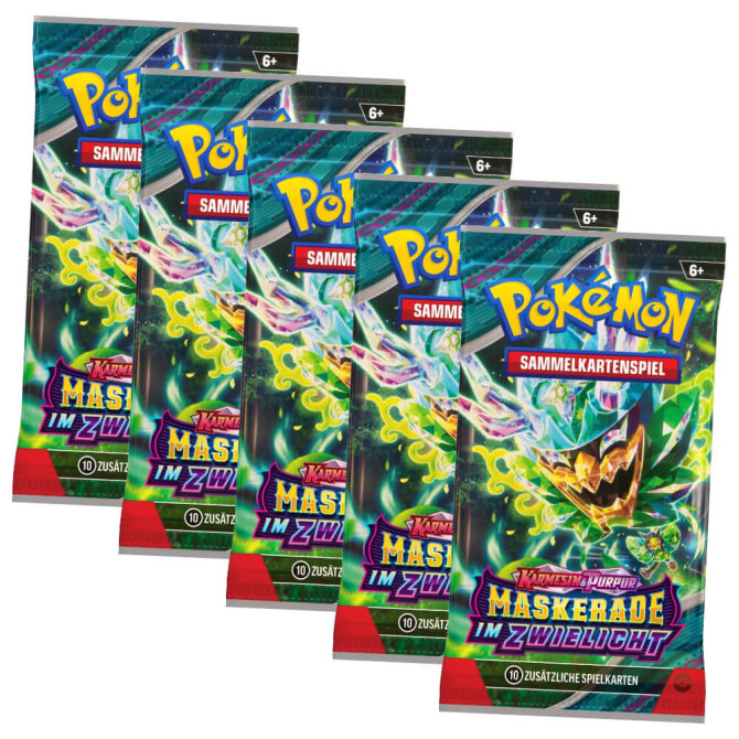 Pokemon Karten Karmesin & Purpur - Maskerade im Zwielicht Trading Cards - 5 Booster