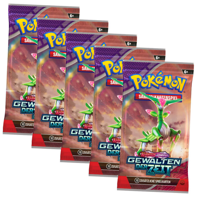 Pokemon Karten Karmesin & Purpur - Gewalten der Zeit Trading Cards - 5 Booster