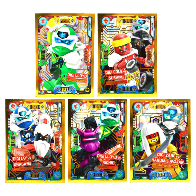 Lego Ninjago Karten Trading Cards Serie 5 - Sammelkarten - Gold Karte LE1 + LE24 + LE25 + LE26 + LE27