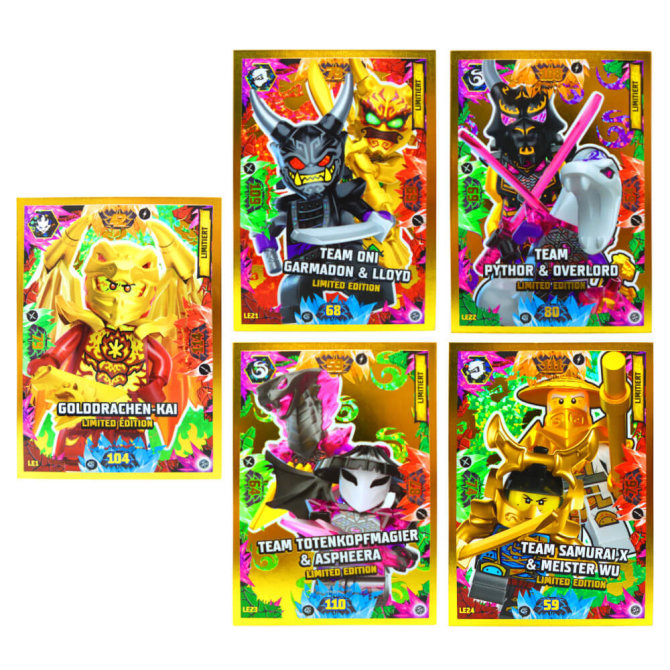 Lego Ninjago Karten Trading Cards Serie 8 - CRYSTALIZED (2023) - LE21 + LE22 + LE23 + LE24 + LE1 Gold Sammelkarten