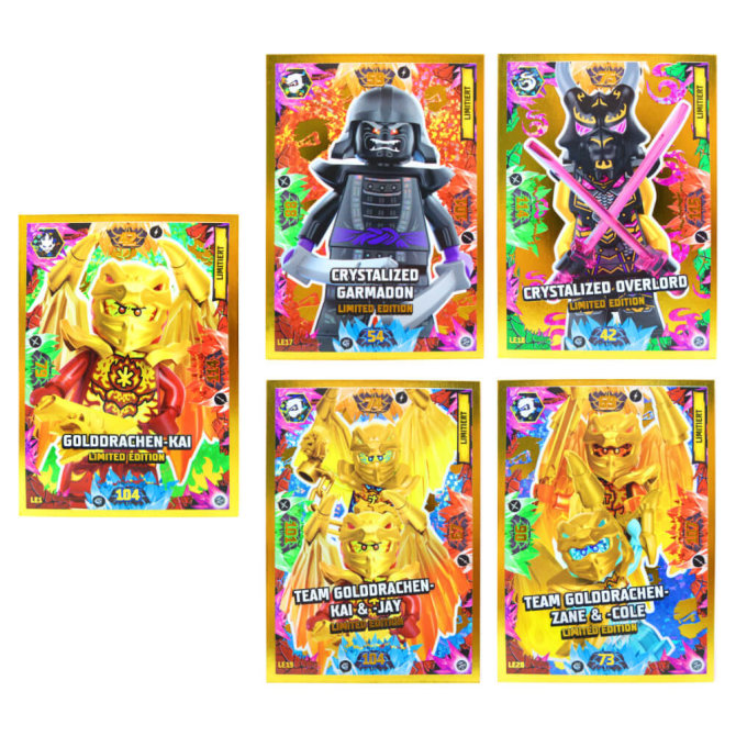 Lego Ninjago Karten Trading Cards Serie 8 - CRYSTALIZED (2023) - LE17 + LE18 + LE19 + LE20 + LE1 Gold Sammelkarten