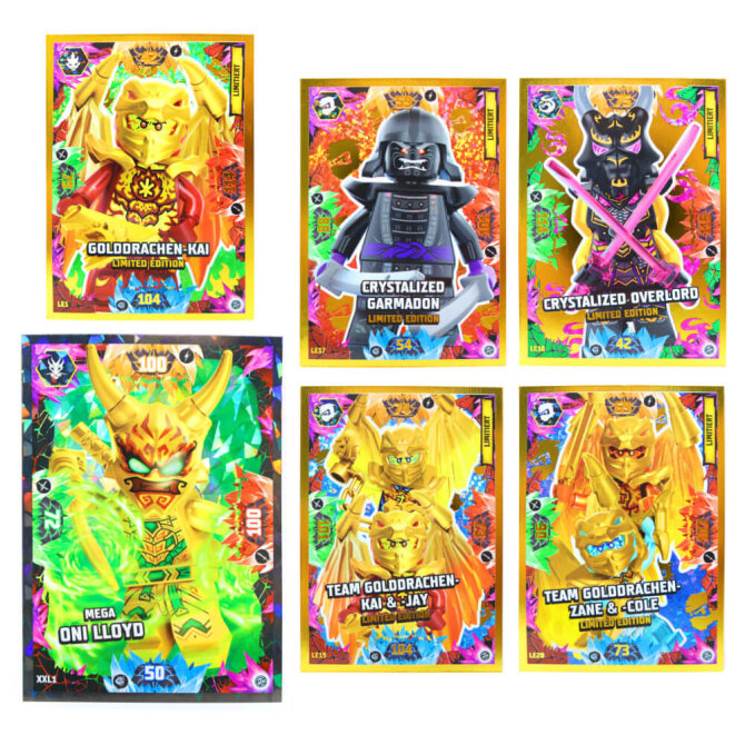 Lego Ninjago Karten Trading Cards Serie 8 - CRYSTALIZED (2023) - LE17 + LE18 + LE19 + LE20 + LE1 + XXL1 Gold Sammelkarten