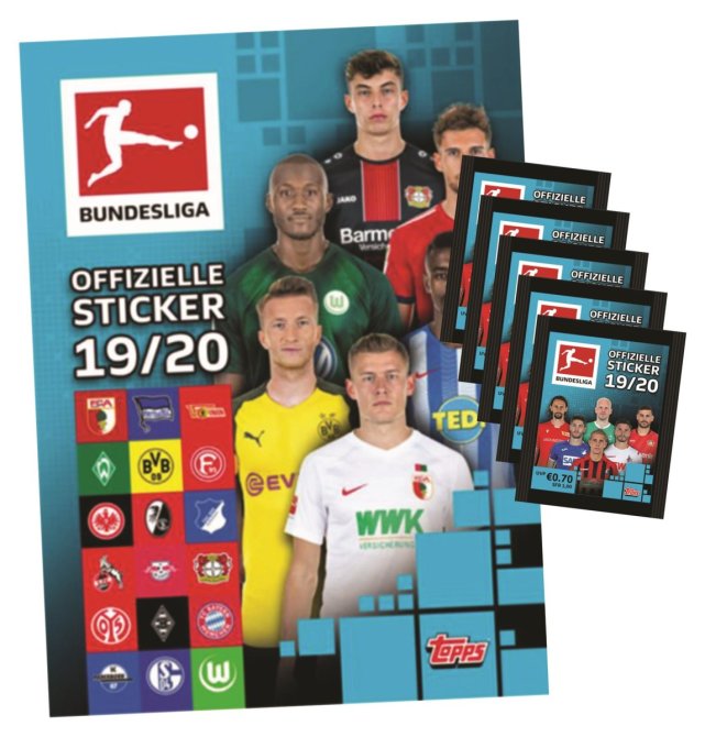 Topps Bundesliga Sticker 2019 / 2020 - 1 Album + 5 Tüten ( 25 Sammelsticker )