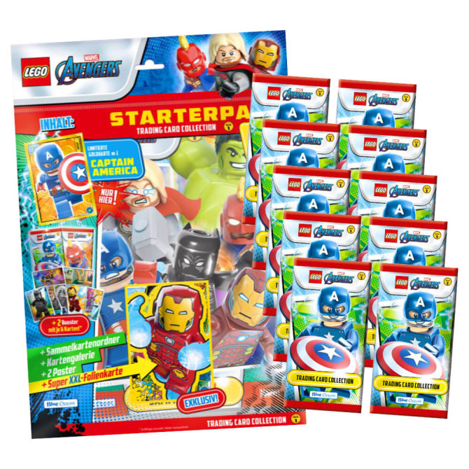 Lego Avengers Karten Trading Cards Serie 1 - Marvel Sammelkarten (2023) - 1 Starter + 10 Booster