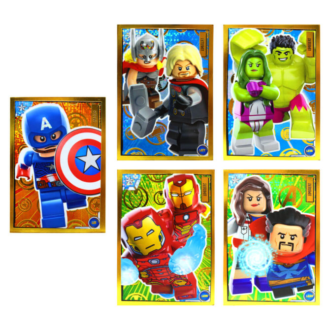 Lego Avengers Karten Trading Cards Serie 1 - Marvel Sammelkarten (2023) - LE17 + LE18 + LE19 + LE20 + LE1 Gold Karte