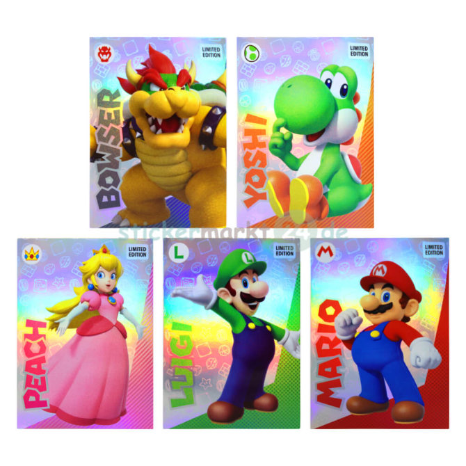 Panini Super Mario Sticker - Play Time - Limited Edition Card - Bowser+Yoshi+Peach+Luigi+Mario Gold Karte