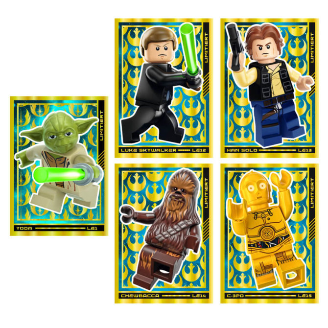Lego Star Wars Karten Trading Cards Serie 4 - Die Macht Sammelkarten (2023) - LE12 + LE13 + LE14 + LE15 + LE1 Gold Karte