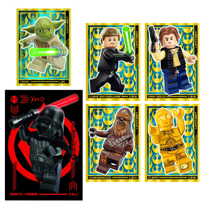 Lego Star Wars Karten Trading Cards Serie 4 - Die Macht Sammelkarten (2023) - LE12 + LE13 + LE14 + LE15 + LE1 + XXL1 Gold Karte
