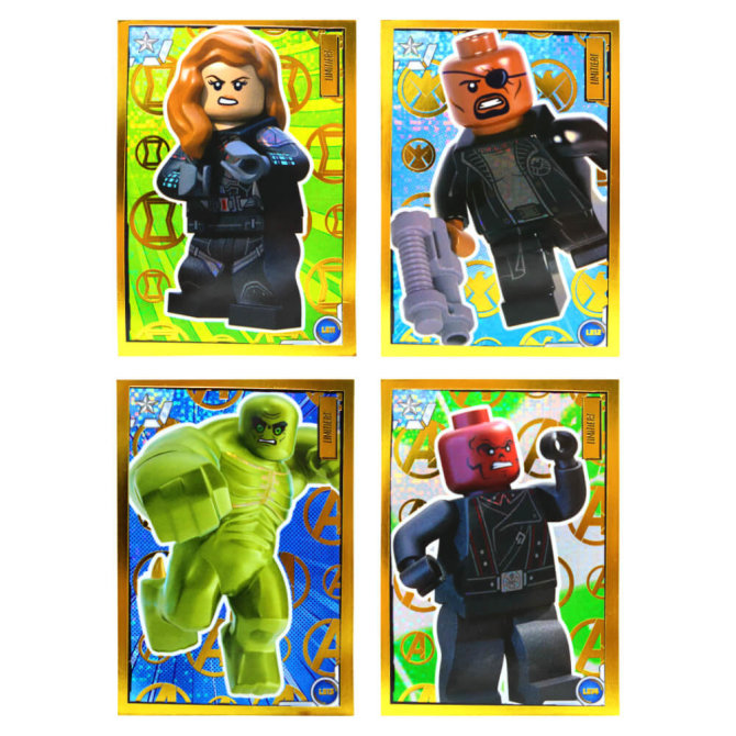 Lego Avengers Karten Trading Cards Serie 1 - Marvel Sammelkarten (2023) - LE11 + LE12 + LE13 + LE14 Gold Karte