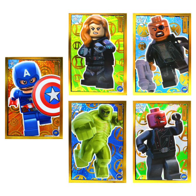 Lego Avengers Karten Trading Cards Serie 1 - Marvel Sammelkarten (2023) - LE11 + LE12 + LE13 + LE14 + LE1 Gold Karte