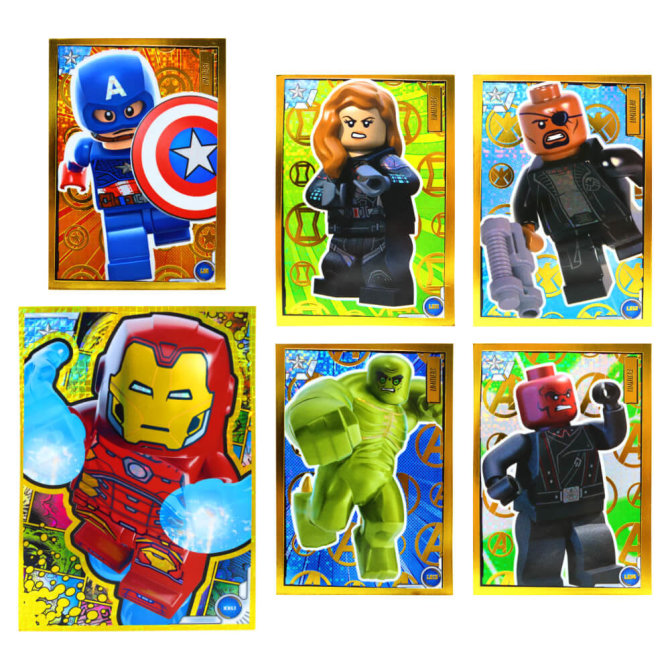 Lego Avengers Karten Trading Cards Serie 1 - Marvel Sammelkarten (2023) - LE11 + LE12 + LE13 + LE14 + LE1 + XXL1 Gold Karte